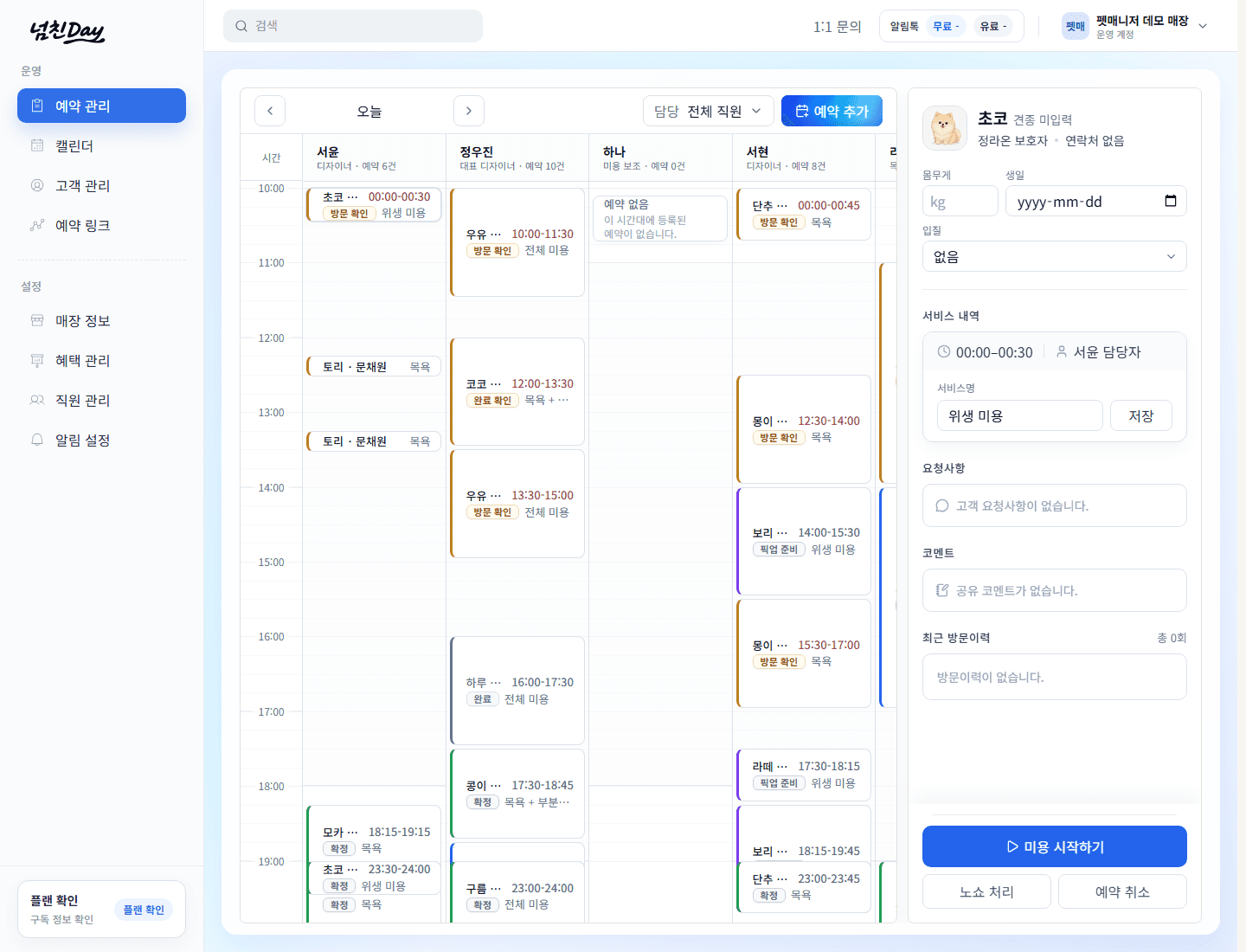 직원별 오늘 예약관리 화면